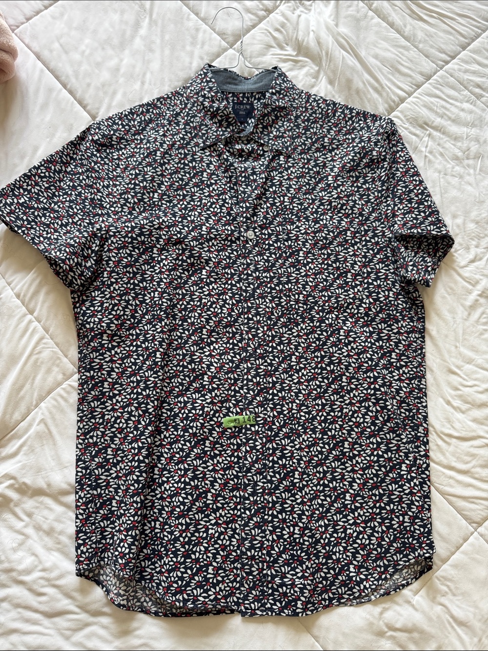 J. Crew Navy Short-Sleeve Button-Down with White & Red Leaf Print